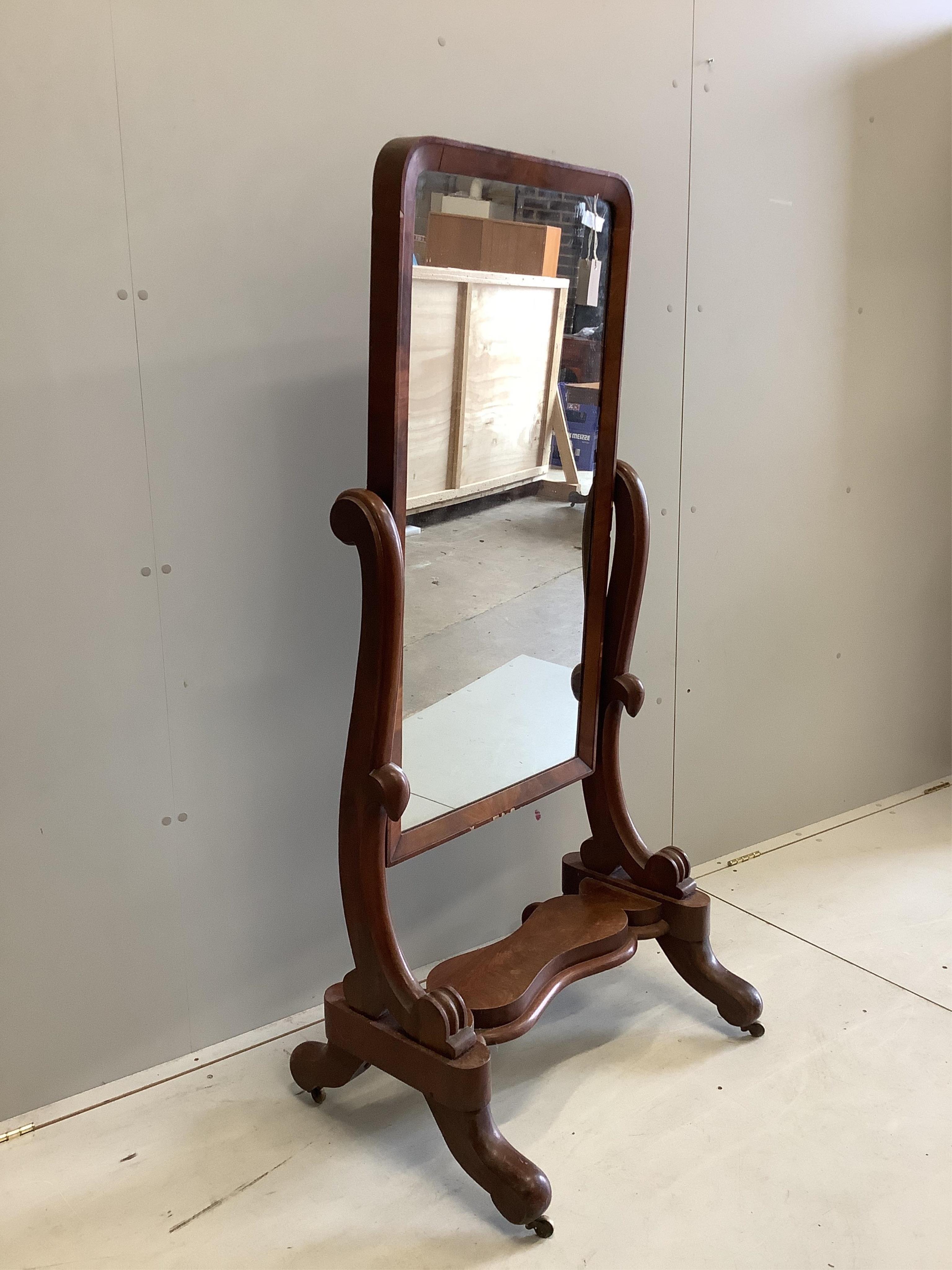 A Victorian mahogany cheval mirror, width 68cm, height 152cm. Condition - fair